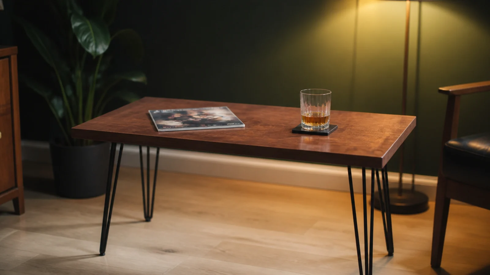 walnut table on three slim hairpin legs above a pale wooden floor