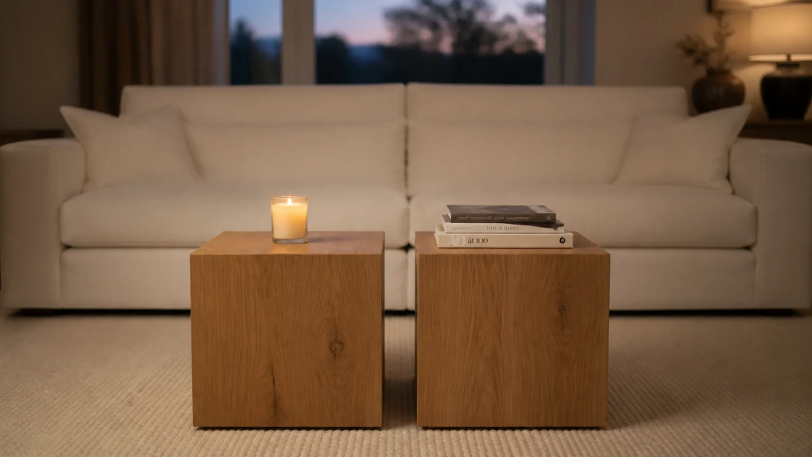 two identical timber cubes set as a pair in front of a long sofa