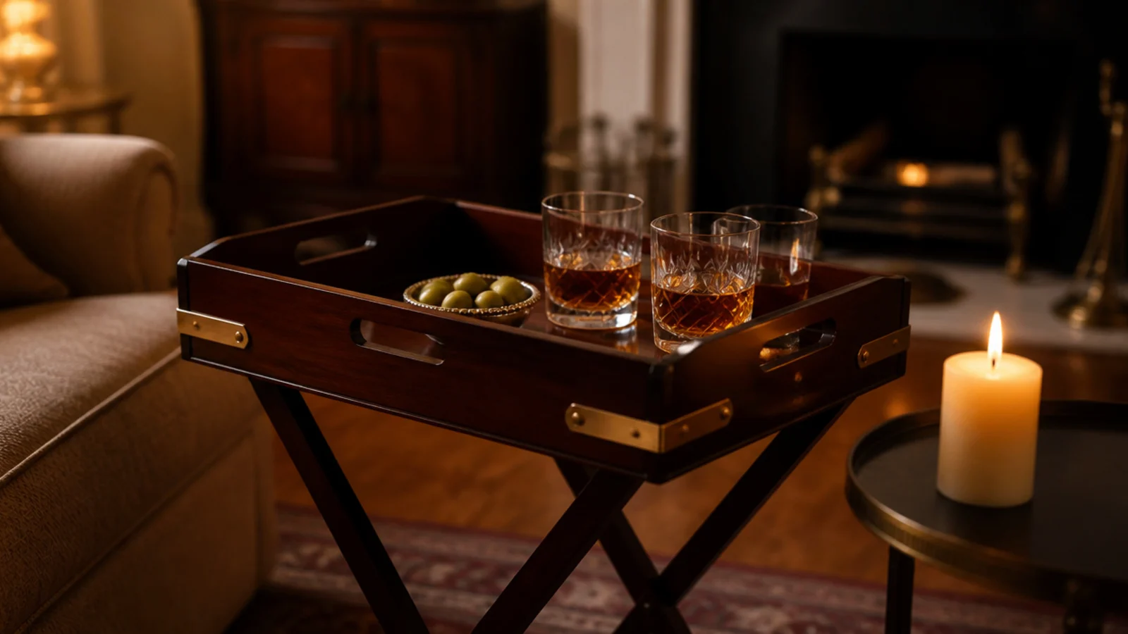 butler tray table with folding sides raised around a serving surface
