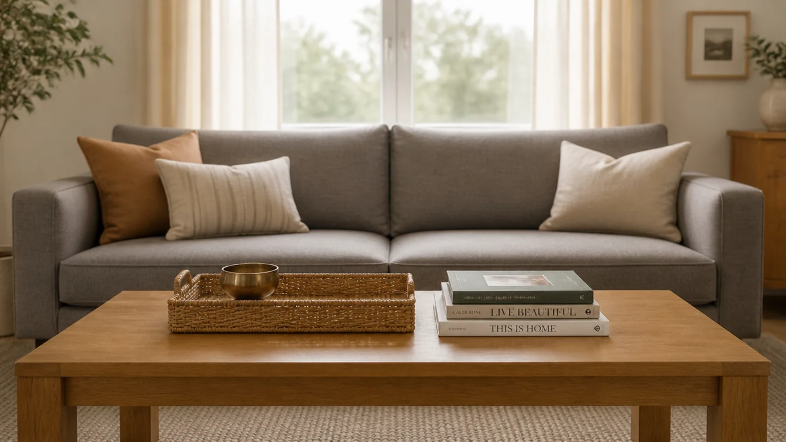 living room center table in oak with a tray and books beside a sofa