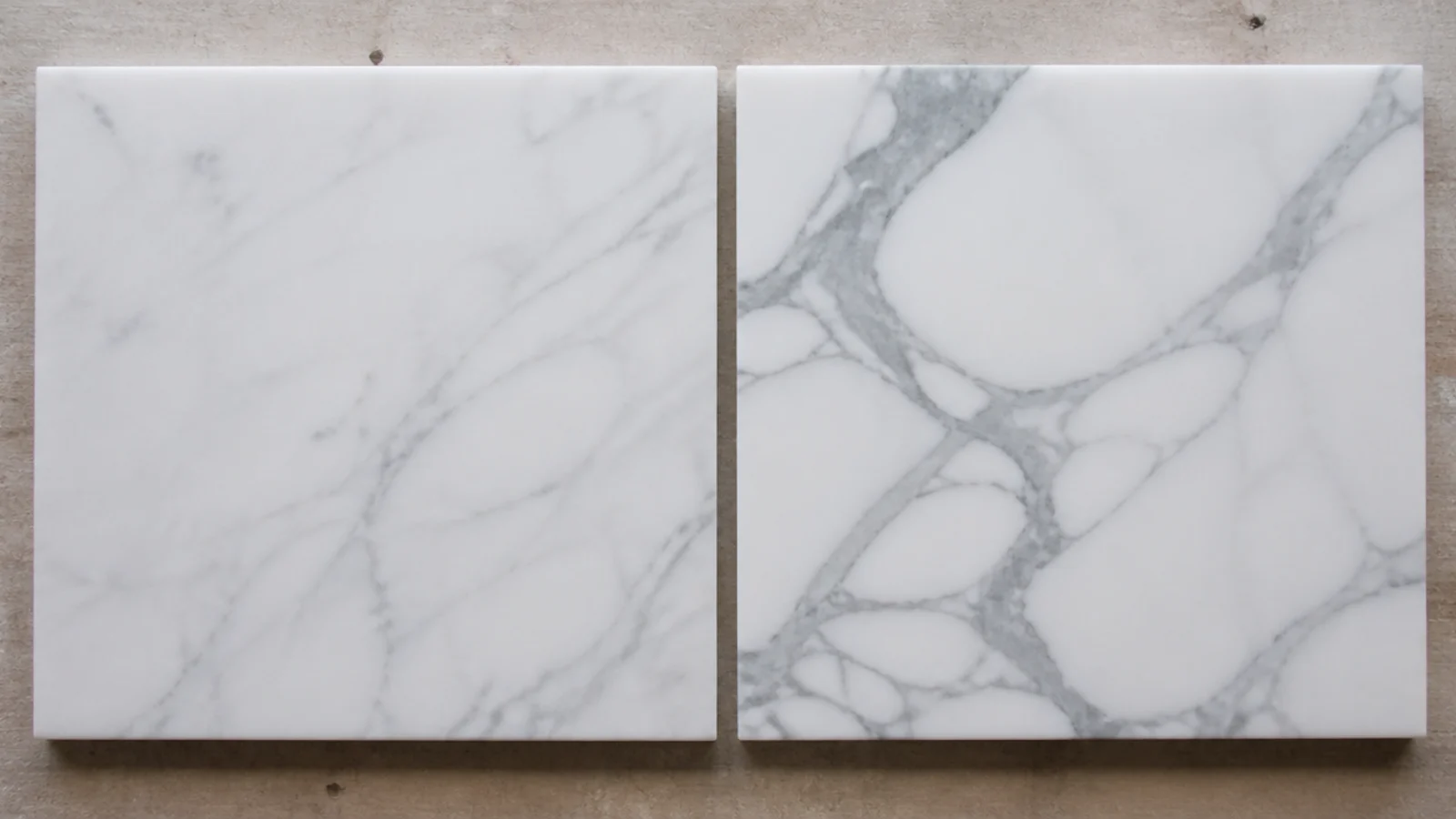 two marble samples showing fine grey veining beside bold thick veining