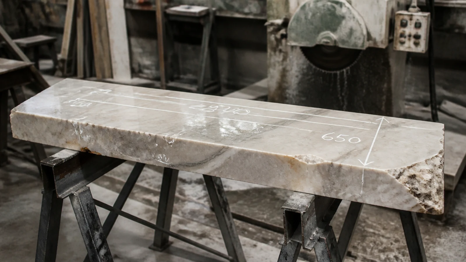 marble offcut being measured on trestles in a stone workshop