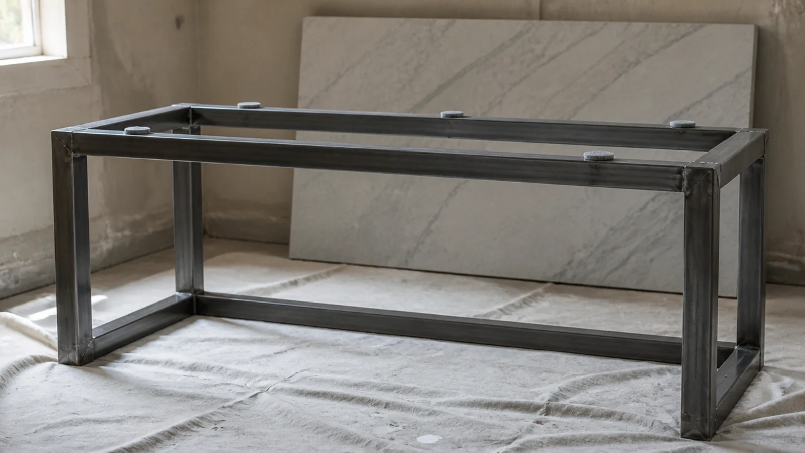 steel table frame with welded rails waiting to receive a stone top