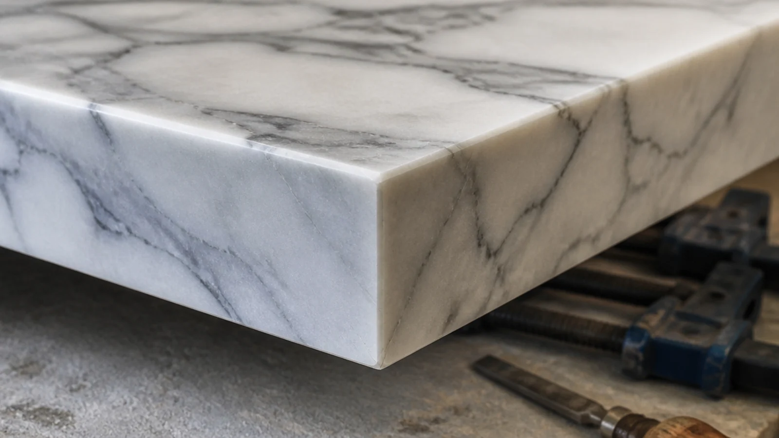 mitred marble edge creating an apparently thicker slab profile