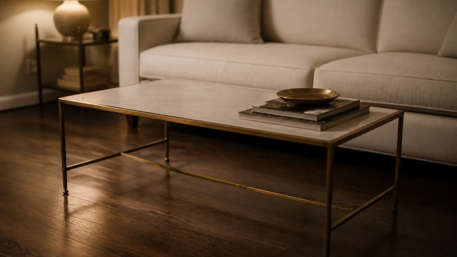 pale marble slab resting on a warm unlacquered brass table frame