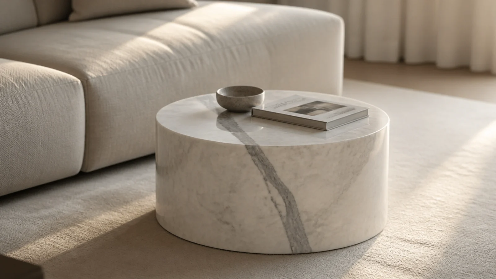 round marble drum table carved as one solid cylindrical piece