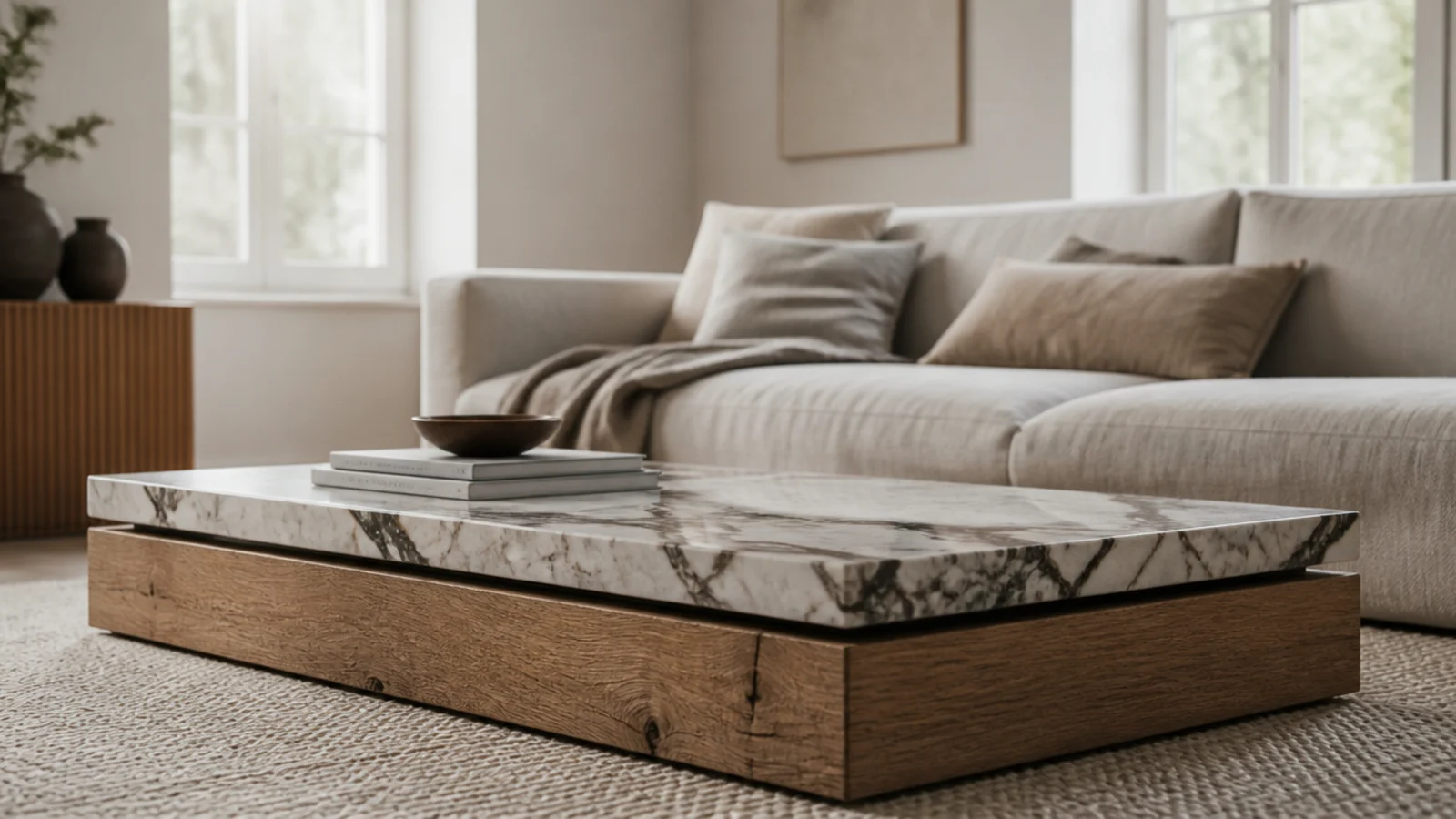 marble slab sitting on a chunky oiled oak plinth base