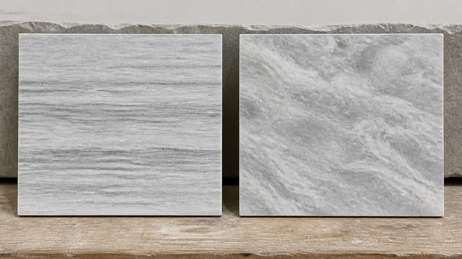 linear veined stone sample beside a cloudy cross cut sample
