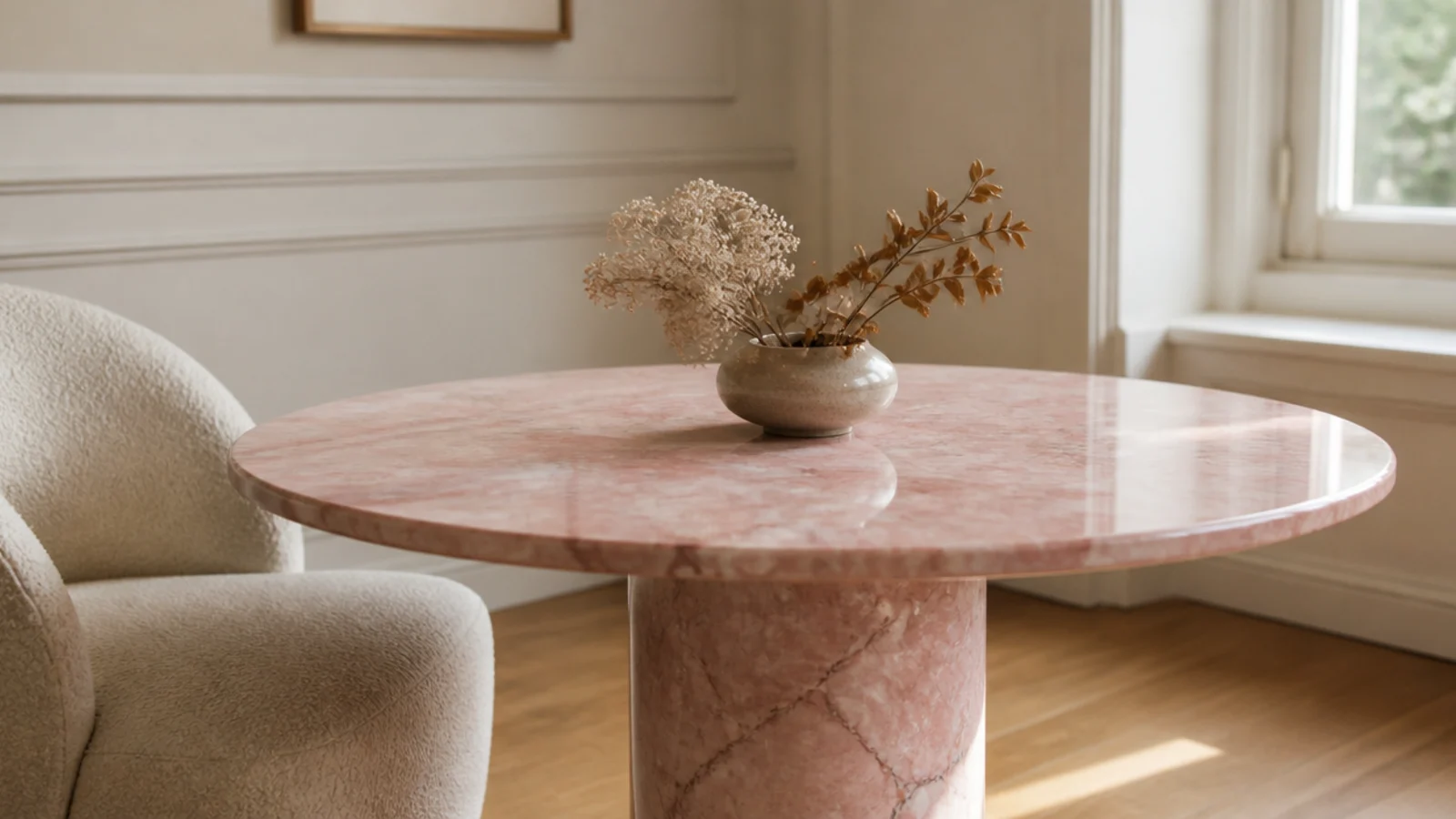 soft pink veined marble table in a room of cream and oak tones
