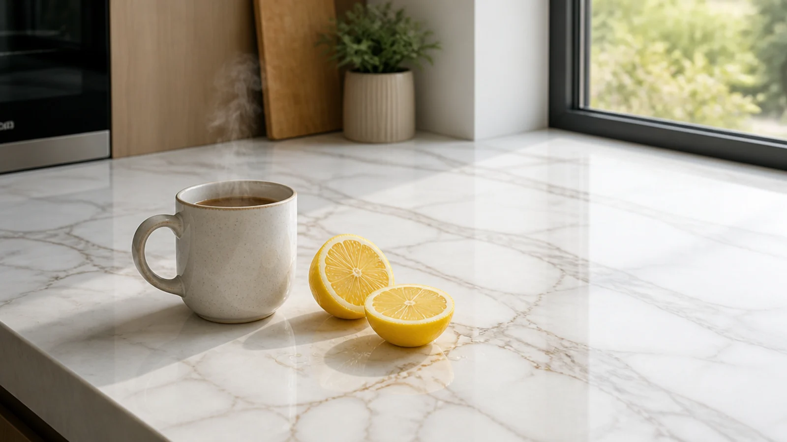 marble look sintered stone slab with a hot mug placed on it