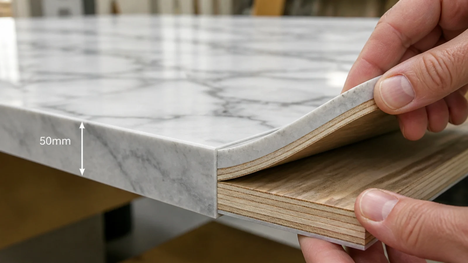 thin marble panel bonded to a plywood core seen at the edge