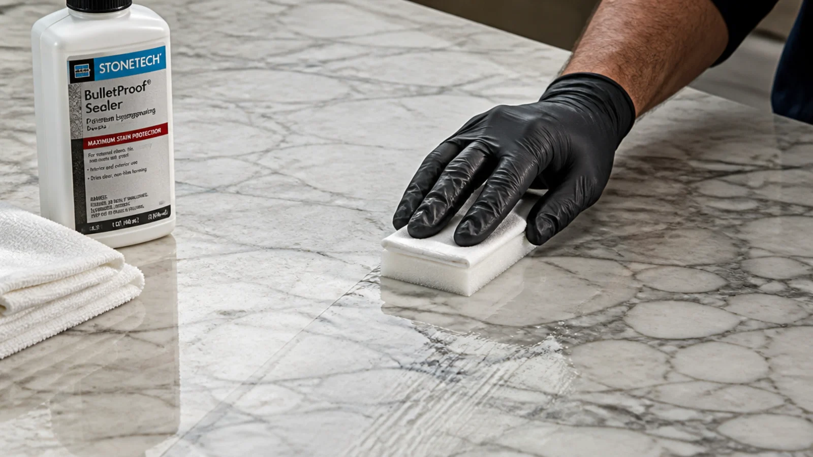 impregnating stone sealer being wiped across a marble surface