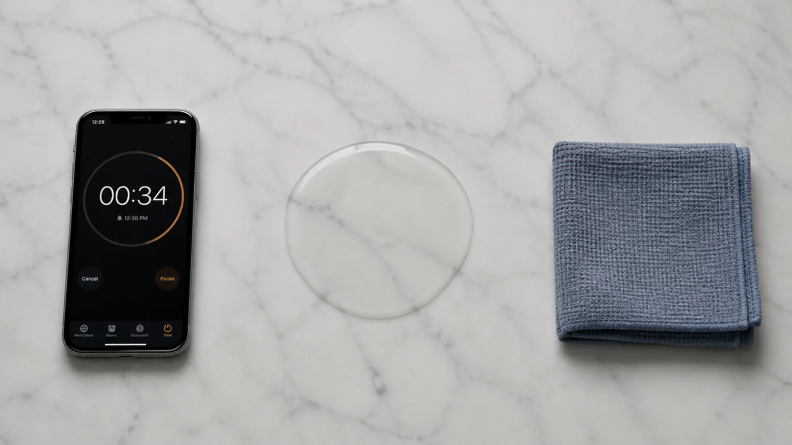 tablespoon of water pooled on marble as a five minute sealer test