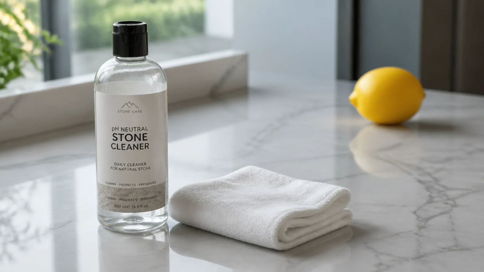 pH neutral stone cleaner and a soft cloth on a marble table