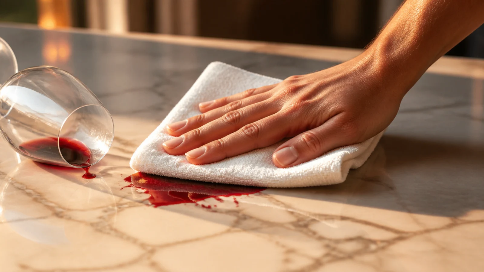cloth blotting a red wine spill on pale marble before it spreads