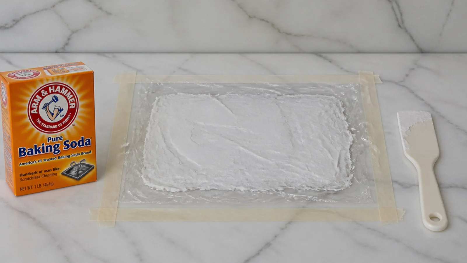 baking soda poultice spread over a stain and covered in plastic