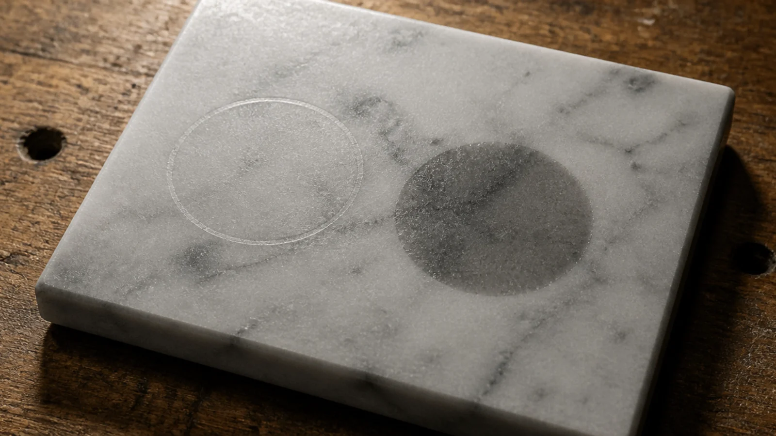 dull etch mark beside a darker absorbed stain on marble