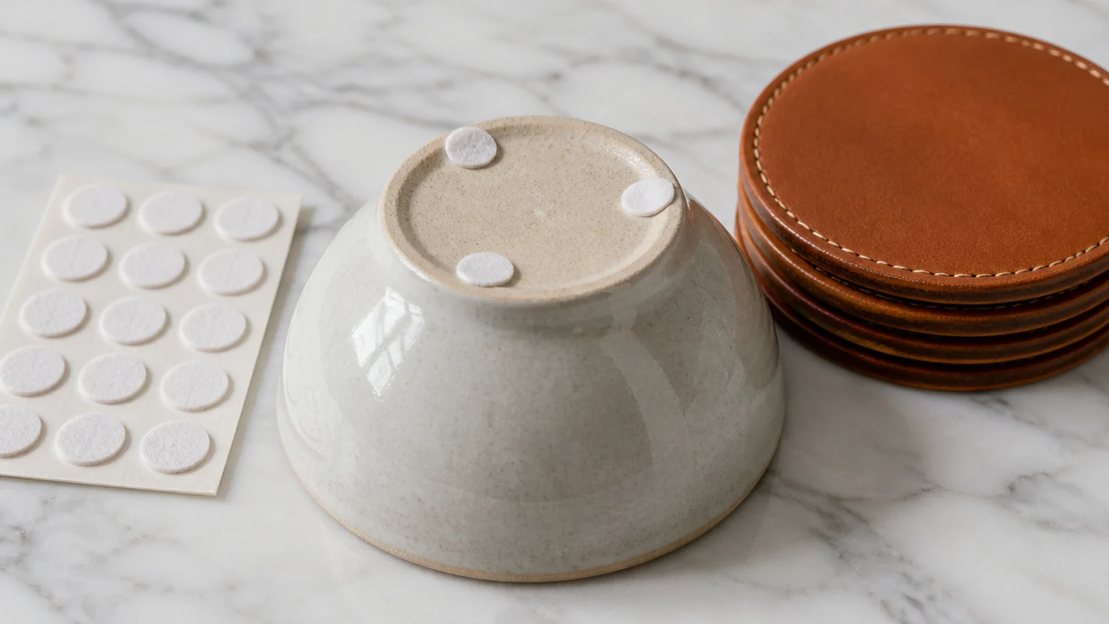 felt dots on a bowl base and leather coasters left out on stone