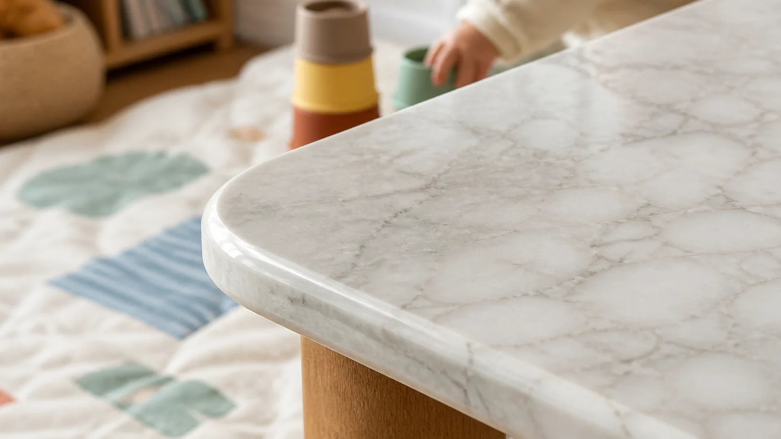 rounded marble corner beside a play mat and stacking cups