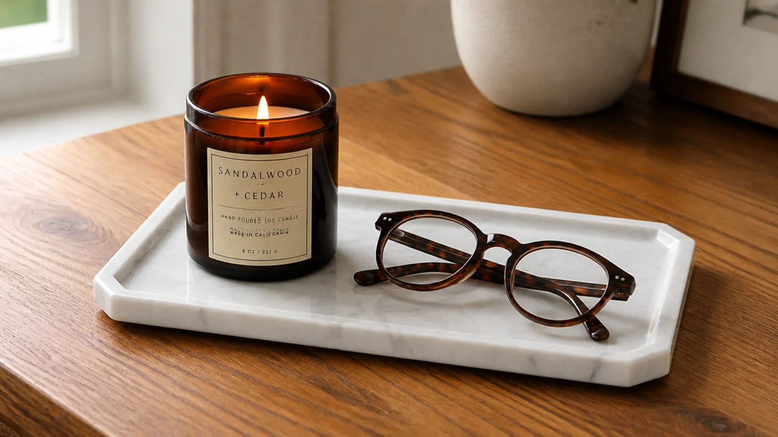 small marble tray sitting on a timber table holding a candle