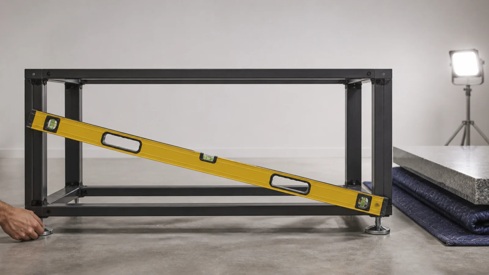 spirit level laid across a bare table frame before fitting stone