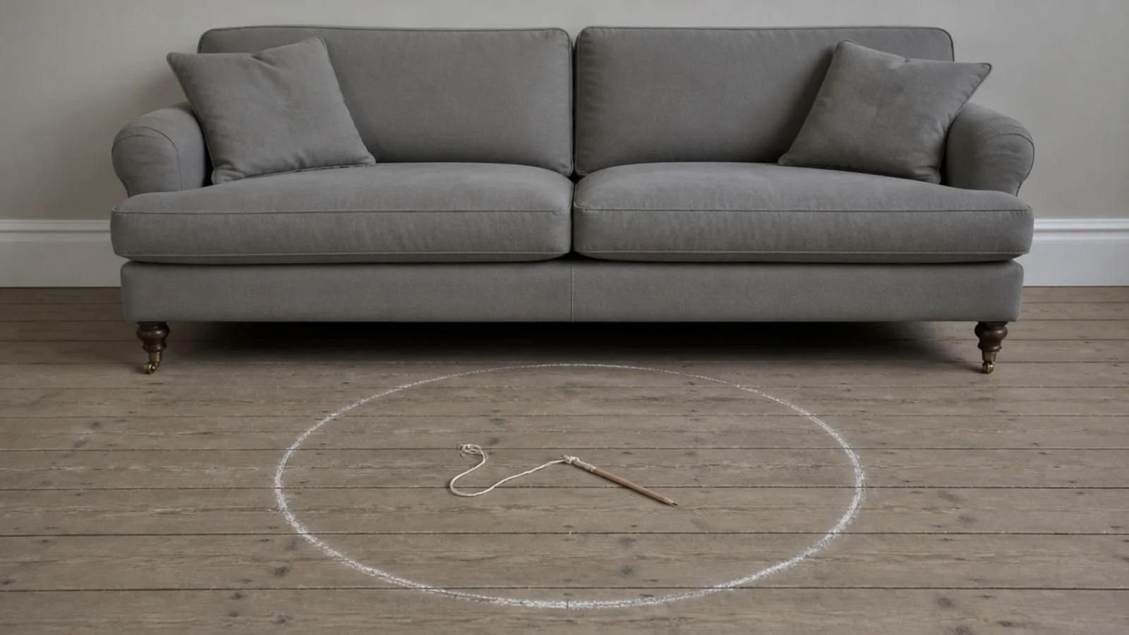 chalk circle drawn on a floor to test a round table footprint
