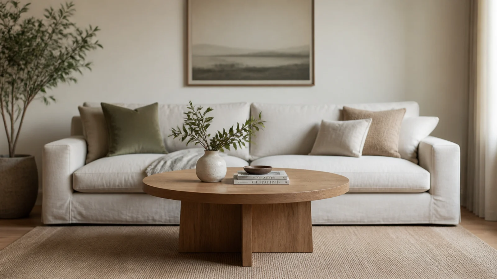 thirty six inch round table centred before a standard three seater sofa