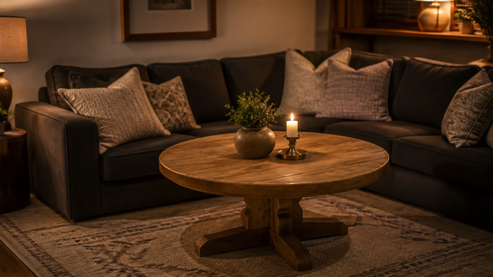 large round table filling the open corner of an L shaped sectional