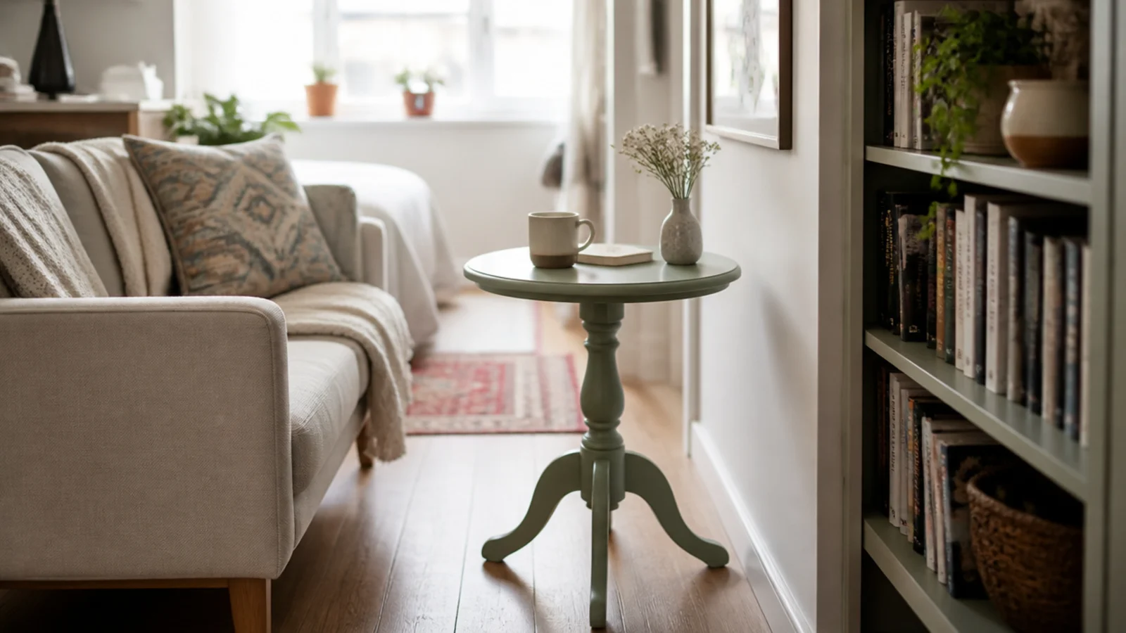 compact round table serving a two seater sofa in a tiny apartment