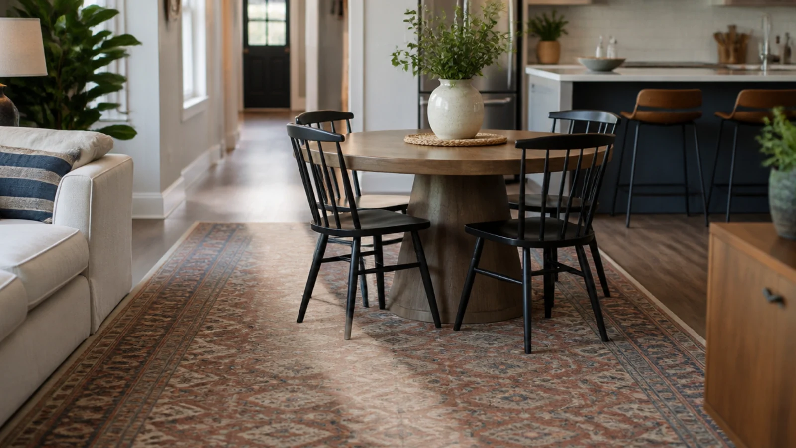 round table sitting on the diagonal path between a door and kitchen