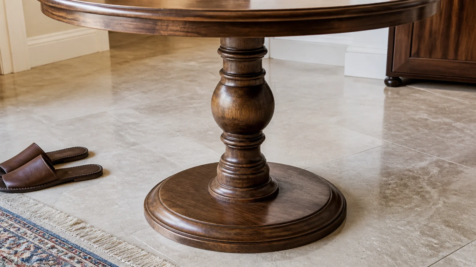 single column pedestal base leaving clear floor under a round top