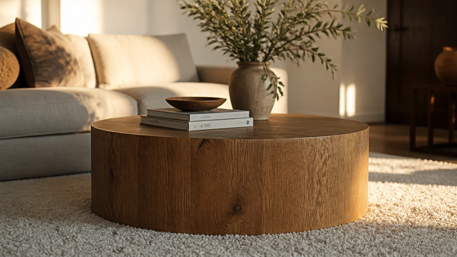 solid timber drum table resting evenly on a thick wool pile rug