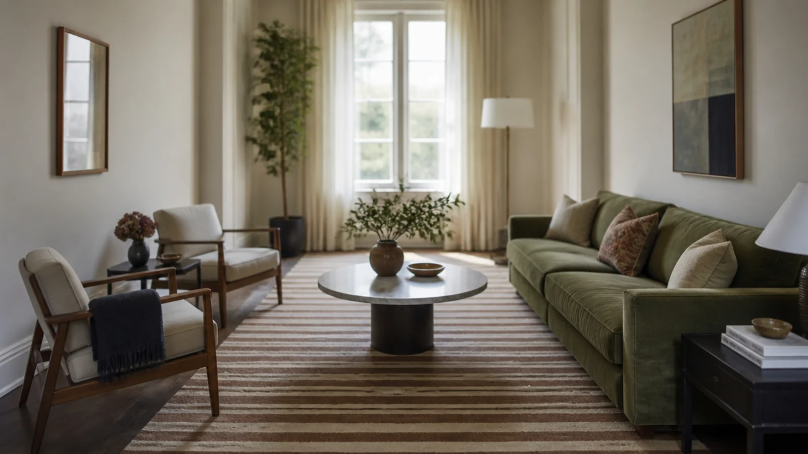 round table centred on a rectangular flat weave rug in a long room