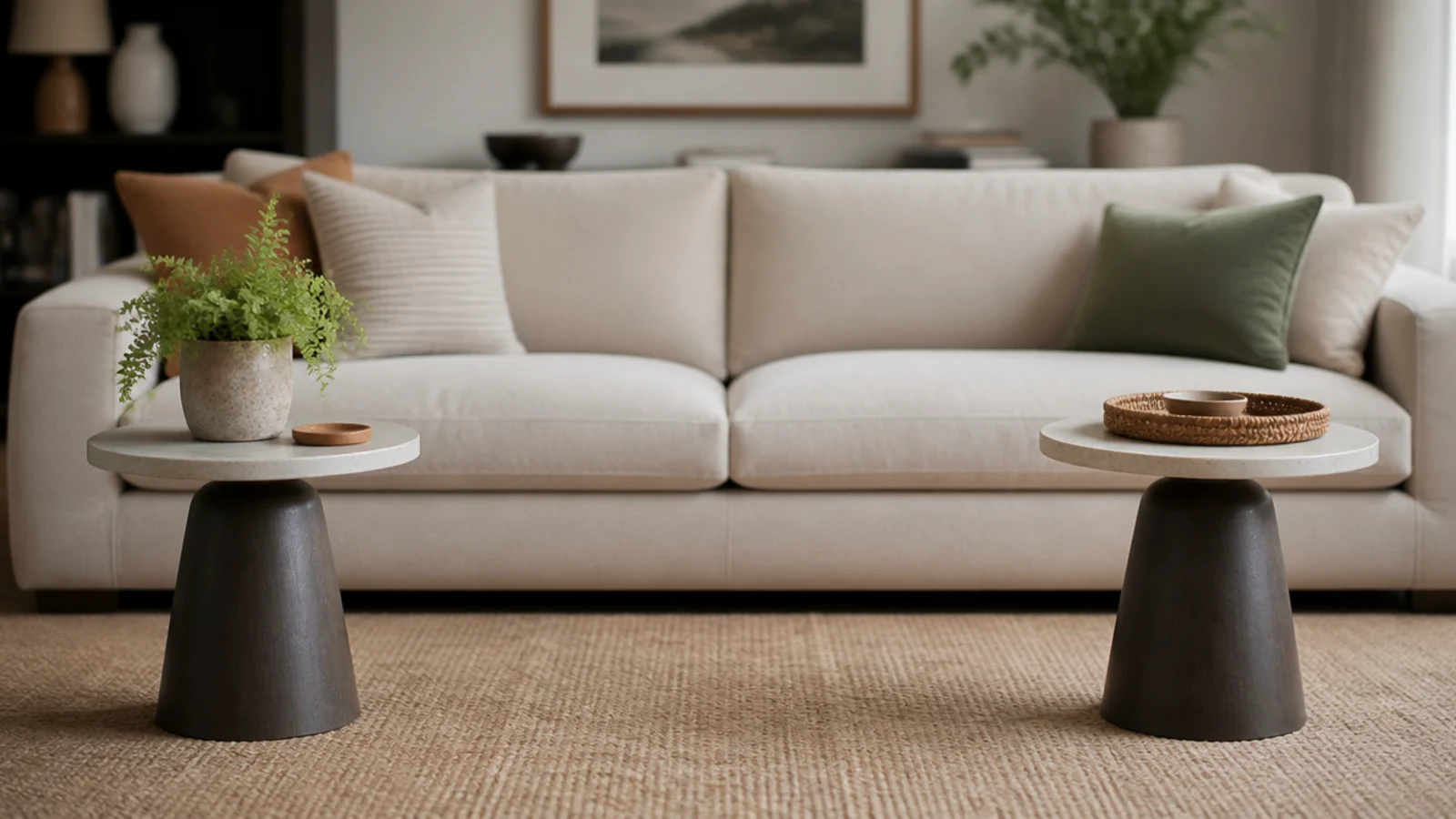 pair of small round tables set apart in front of a long sofa