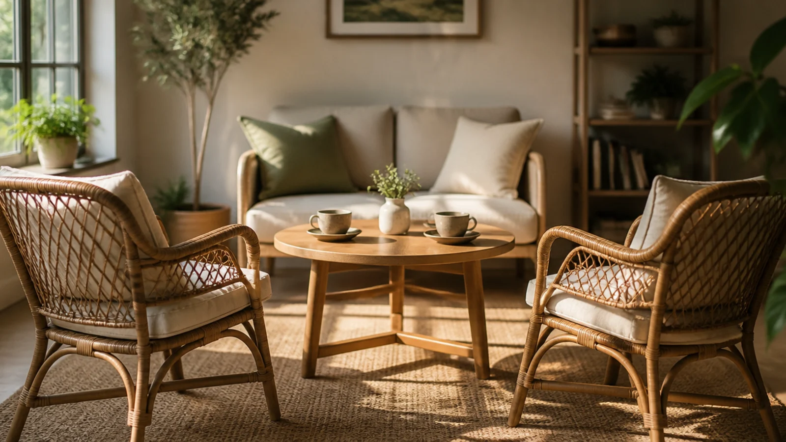 round table centred between a sofa and two armchairs facing inward