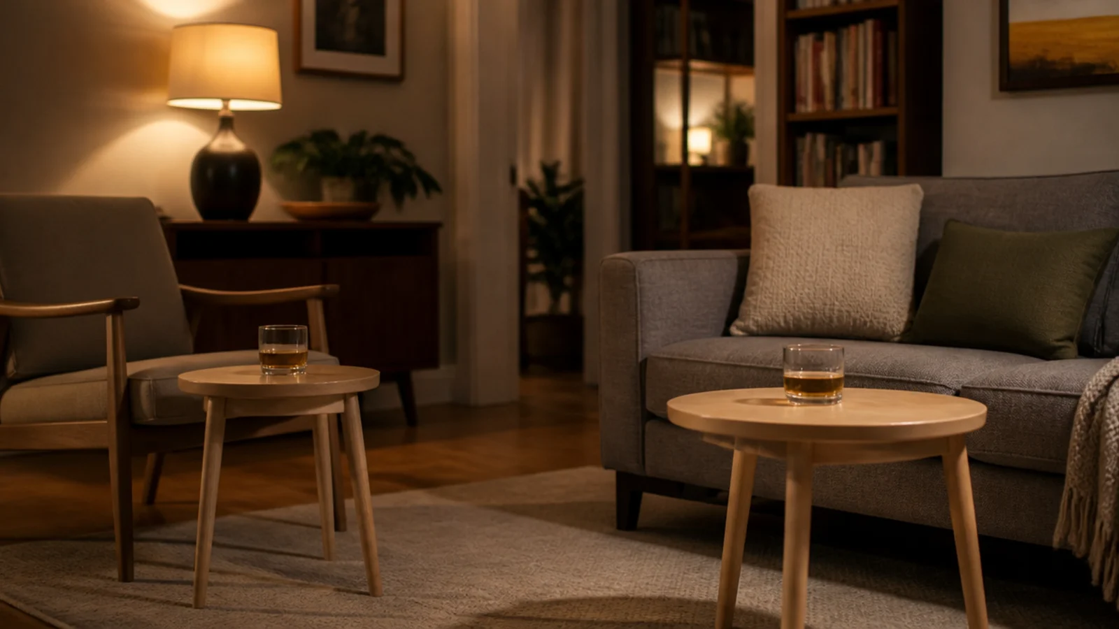 two round nesting tables split apart across a small living room