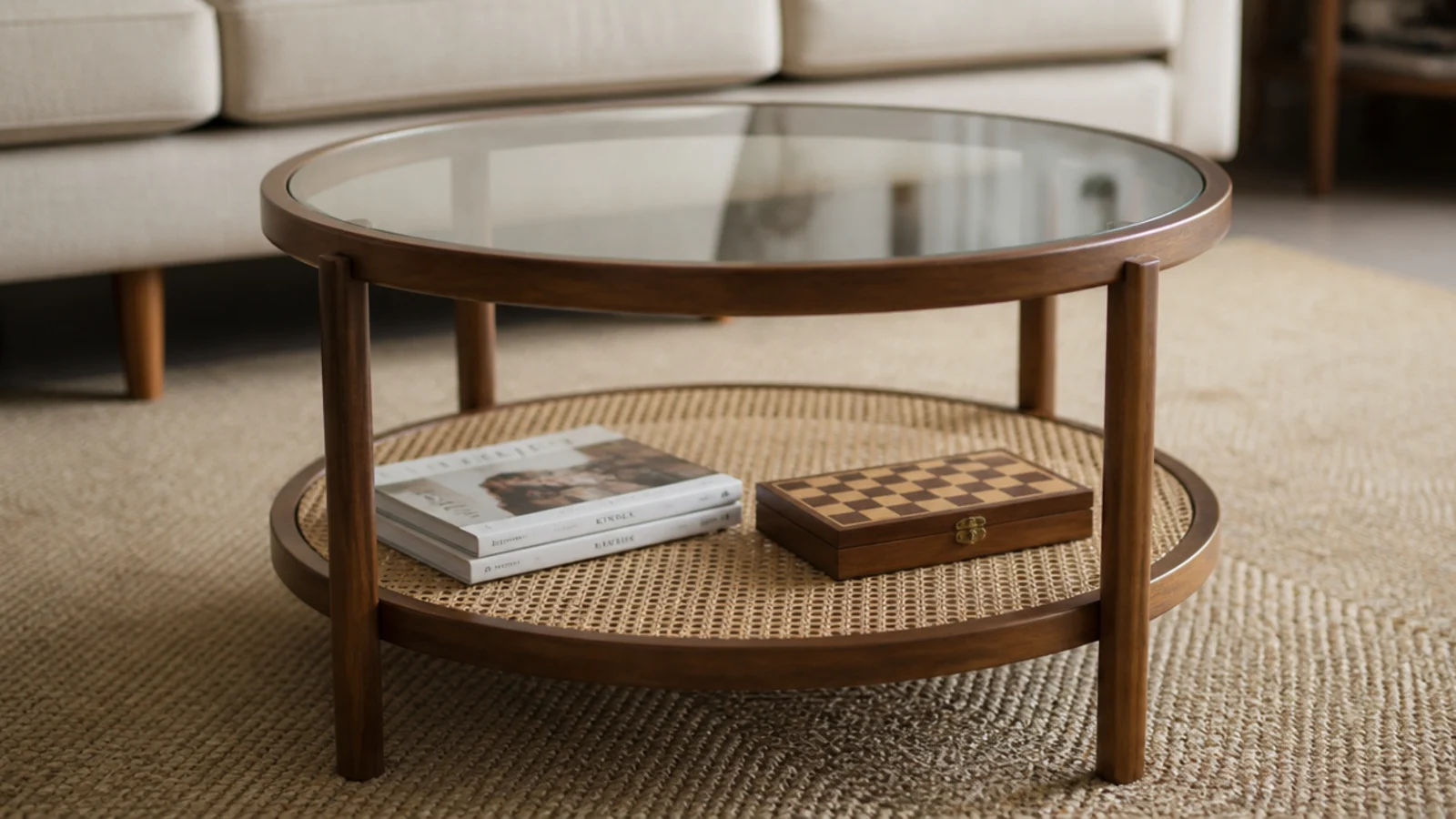 round two tier table with books stacked on the circular lower shelf
