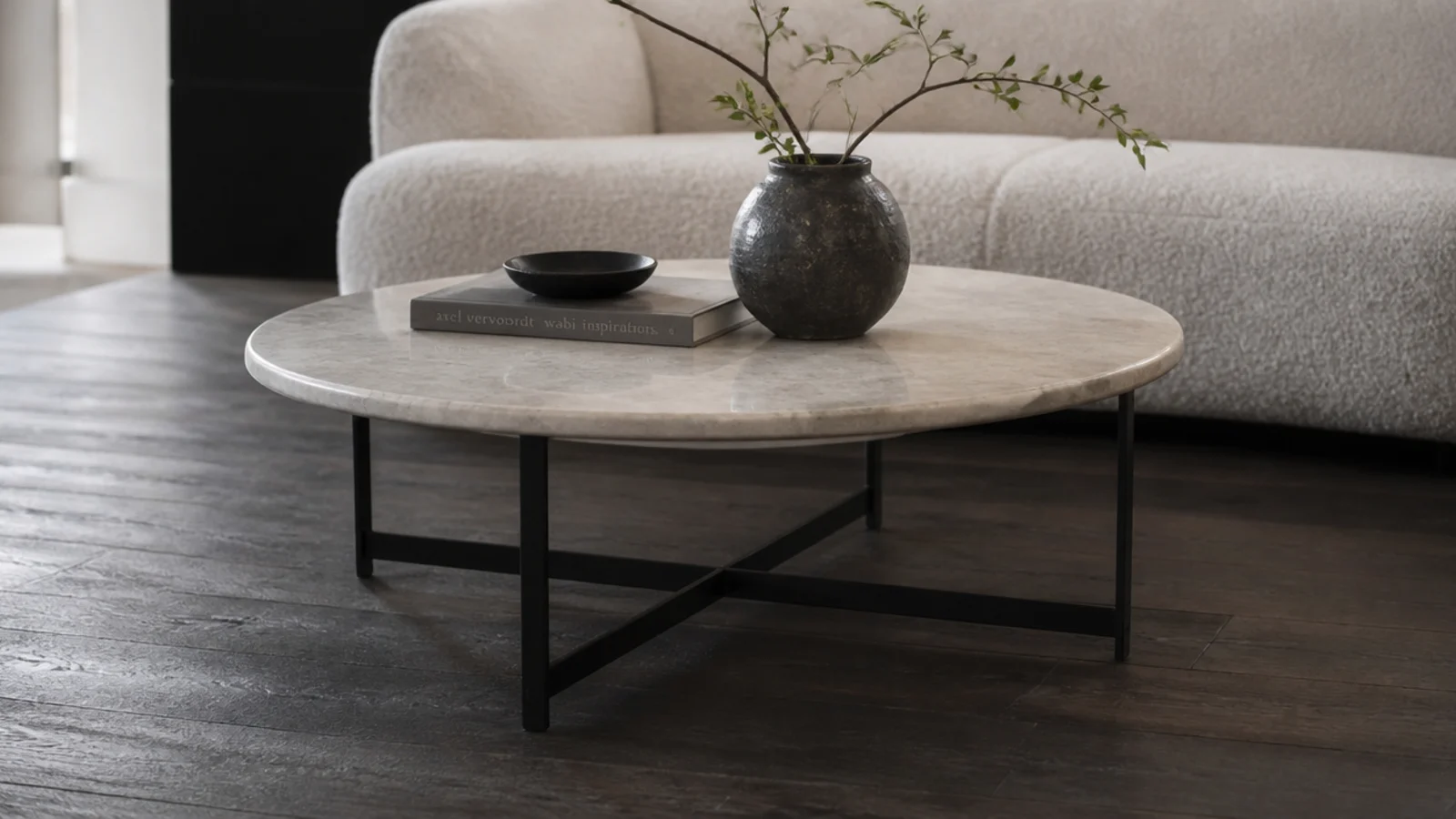round marble top carried on a fine blackened metal cross base
