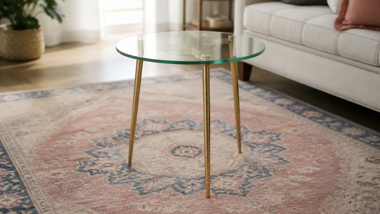 round glass top showing a patterned rug through it in daylight
