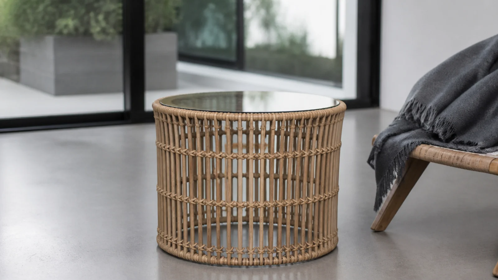 woven rattan drum table softening a room of stone and glass