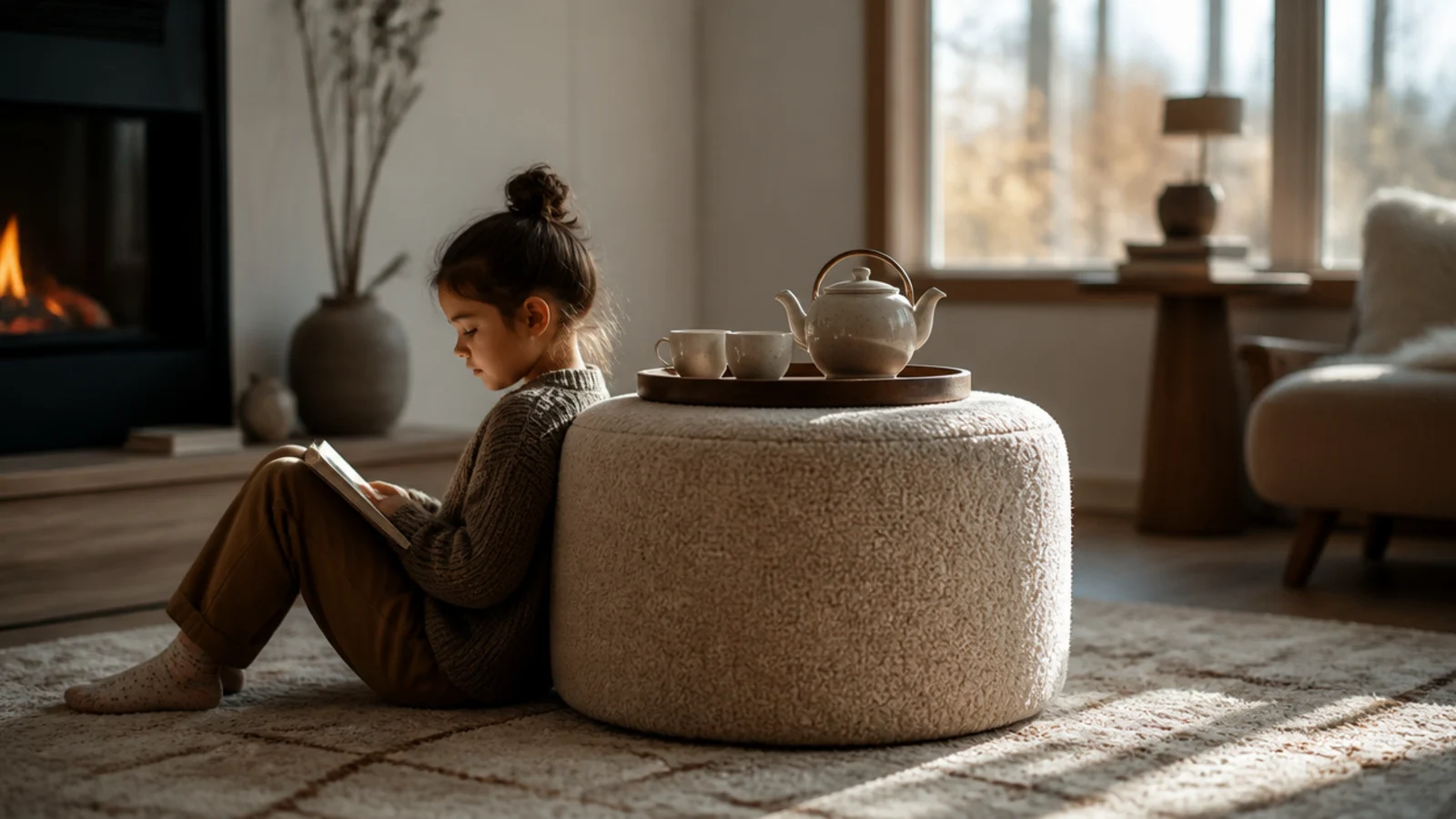 round upholstered ottoman topped with a circular timber tray