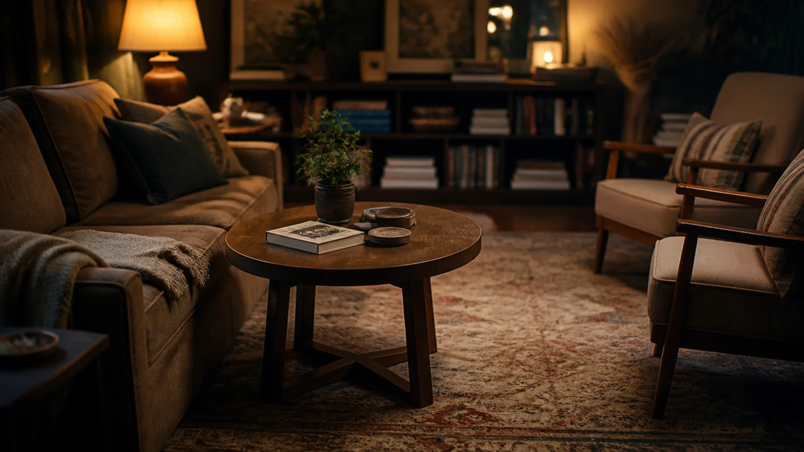 round table positioned closer to the sofa than to the armchairs