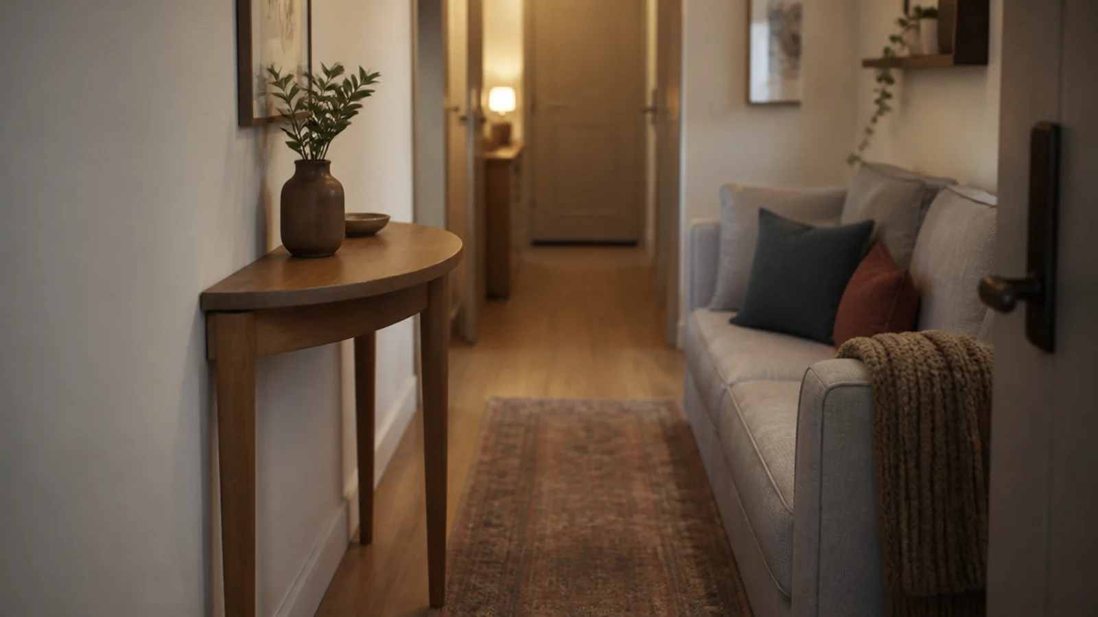 half round table set flat against a wall in a narrow living room