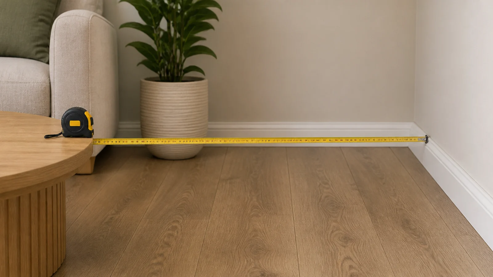 measured gap between a round table edge and a living room wall