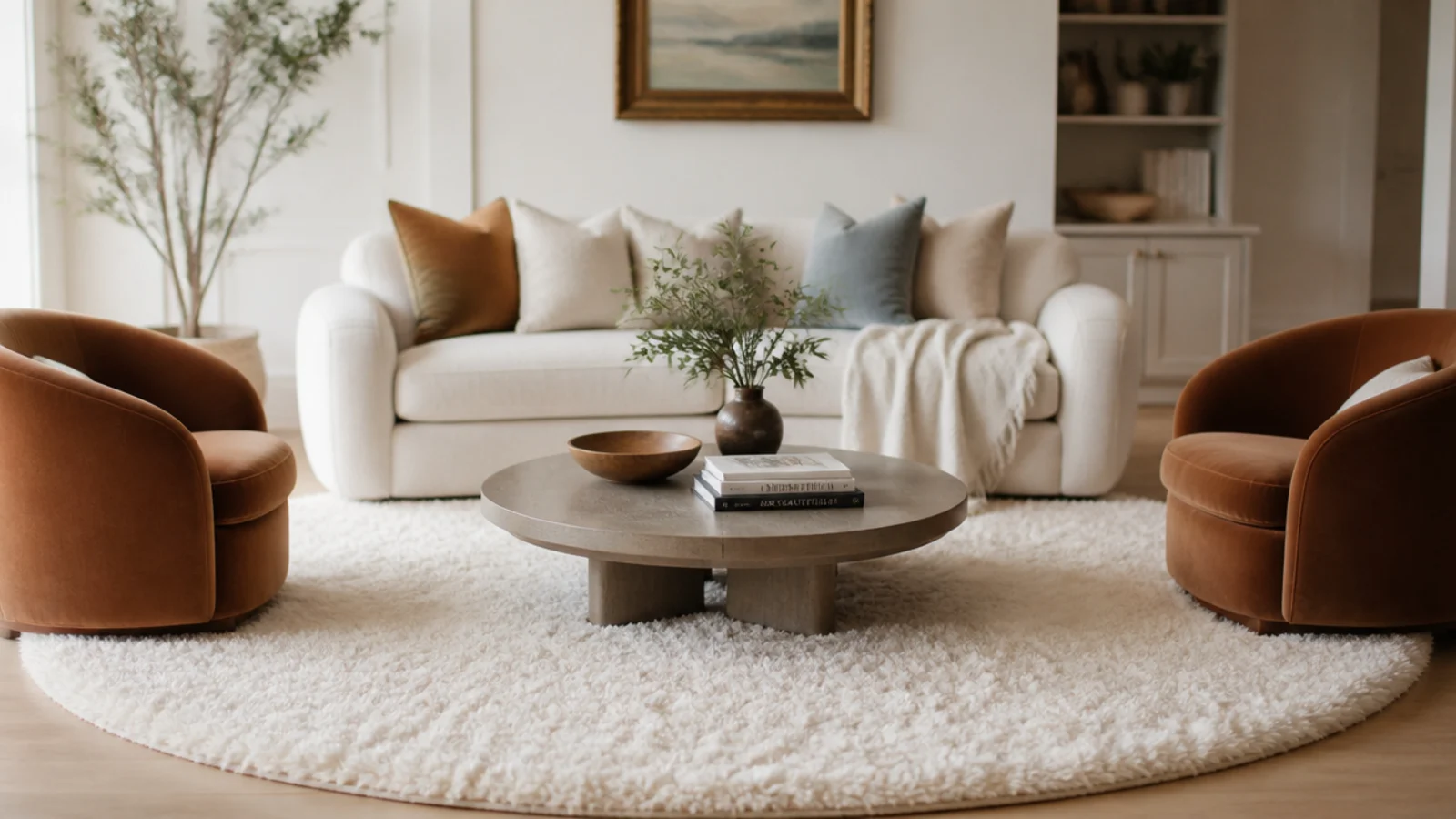 round table sitting well inside the borders of a large wool rug