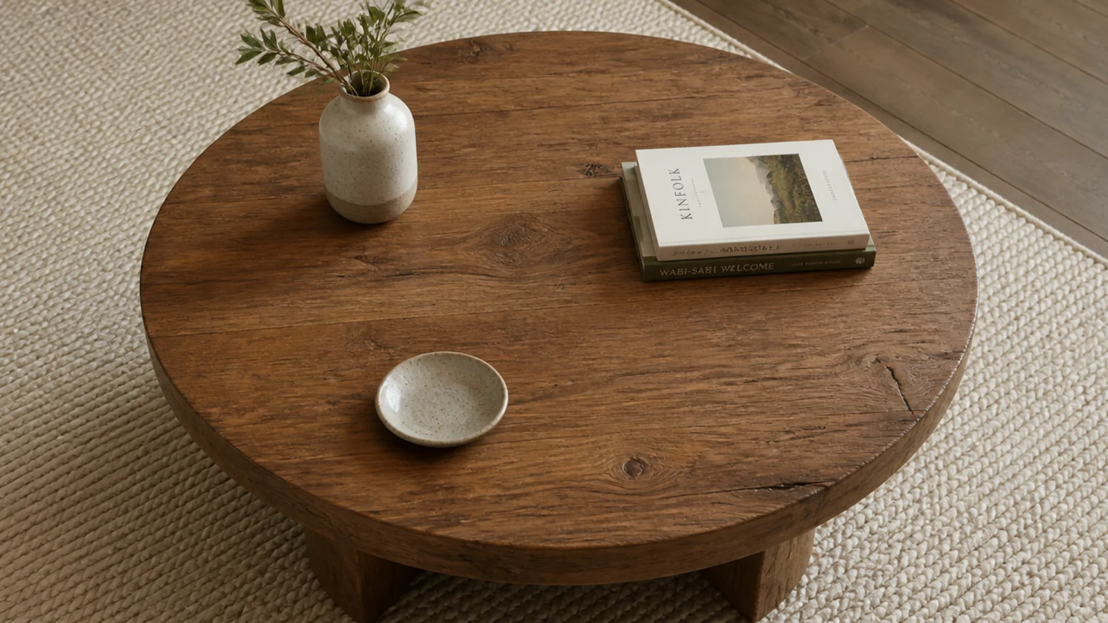 three objects placed as a triangle across a round table surface