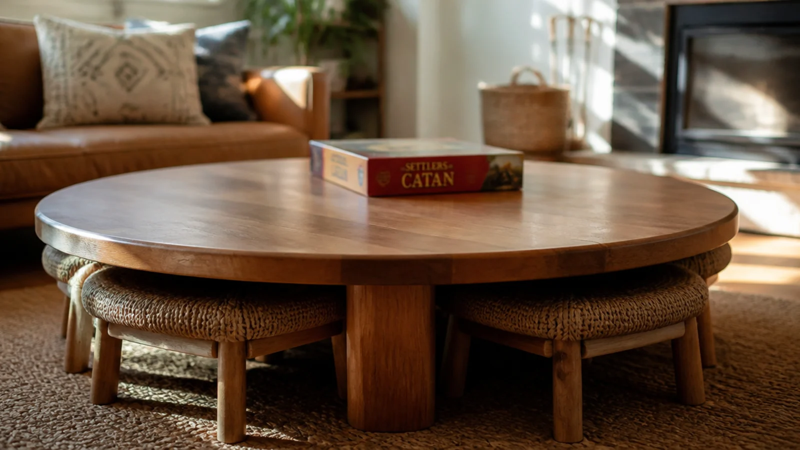 four small stools tucked beneath the overhang of a round table