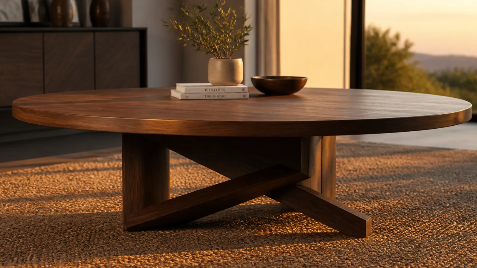 round table top overhanging its central base by a clear margin