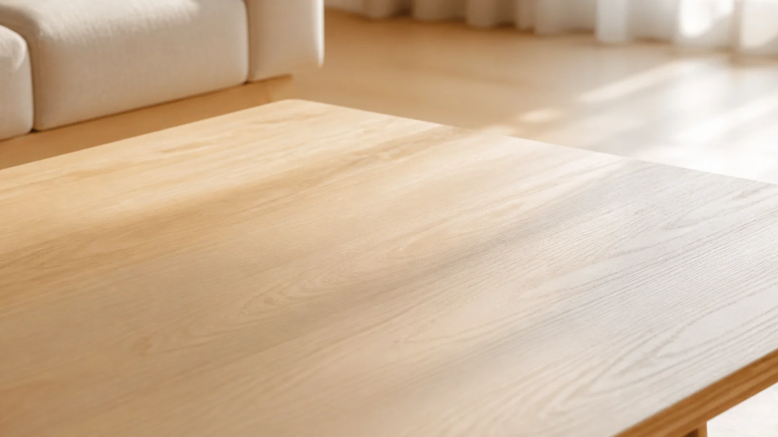 completely bare timber table top lit by soft morning window light