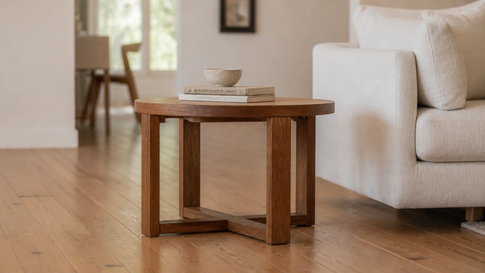 table top matched in tone to the wooden floor it stands on
